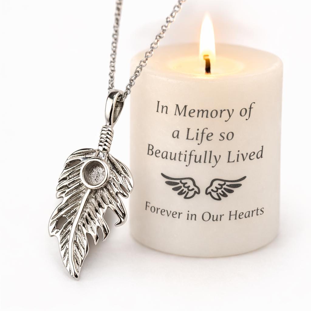 Sterling Silver Feather Necklace for Ashes • Custom Memorial Pendant & Inclusion Kit • Sympathy Gift for Loss of Loved One