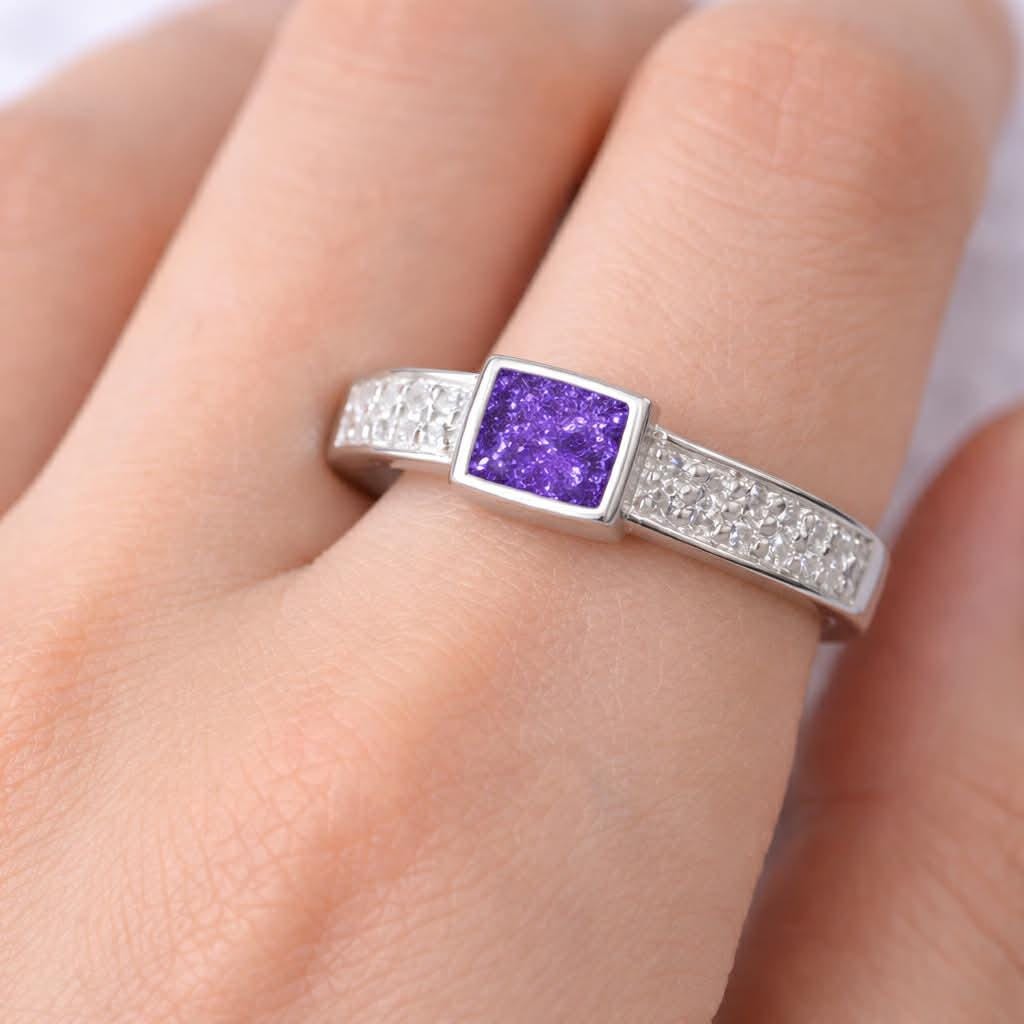 Personalised Sterling Silver Memorial Ring – Square Bezel Ashes Keepsake with CZ