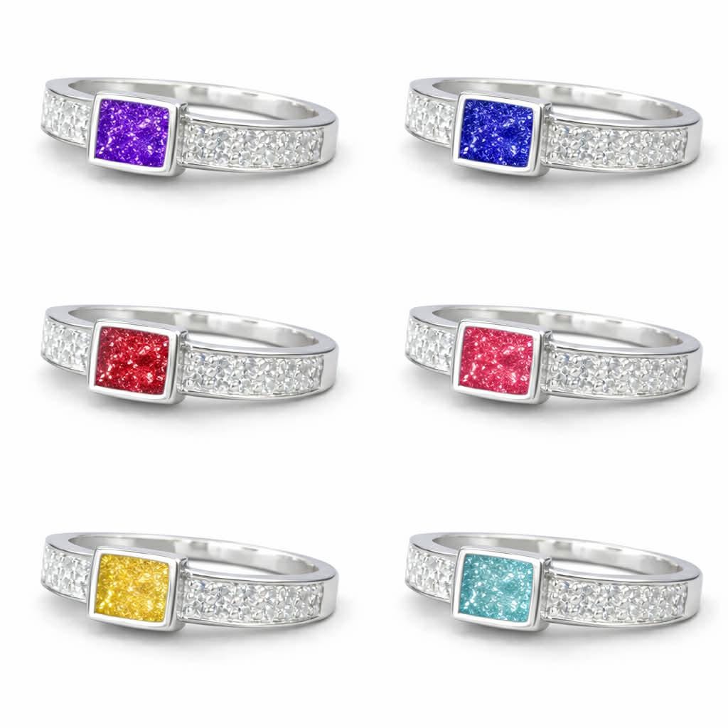 Personalised Sterling Silver Memorial Ring – Square Bezel Ashes Keepsake with CZ