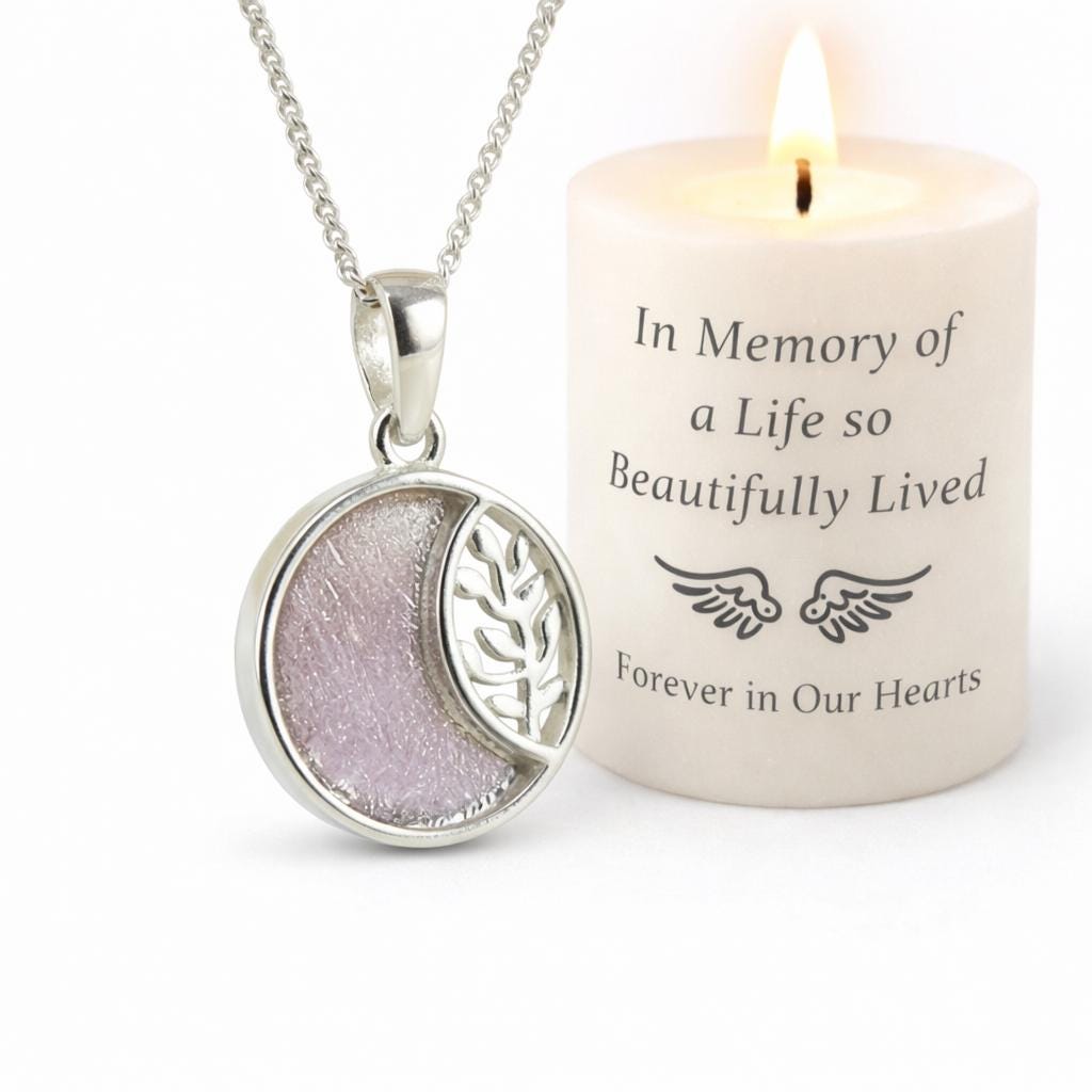 Sterling Silver Tree of Life Memorial Necklace – Crescent Moon Ashes Pendant 18 Inch Chain