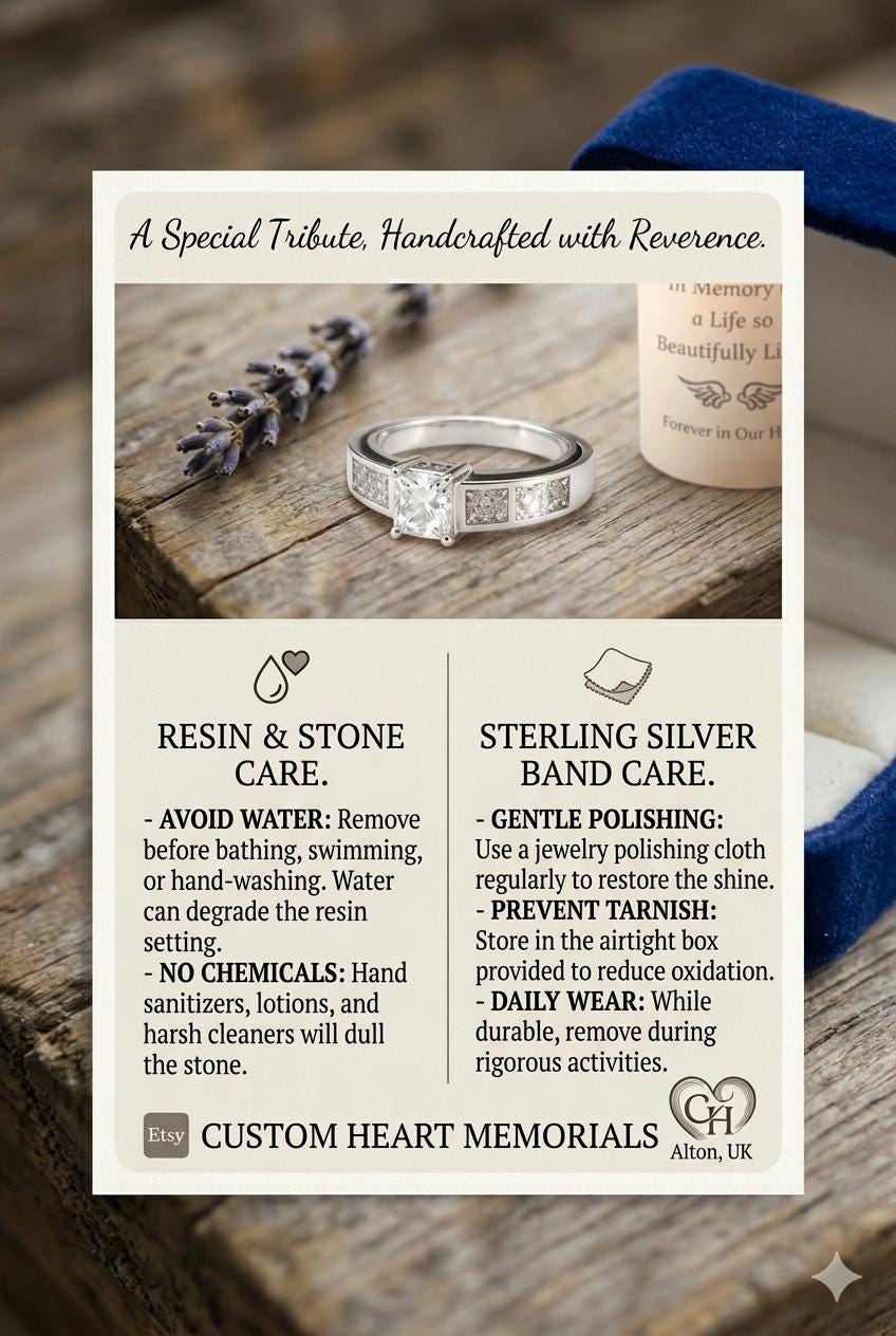 Custom Memorial Ring – Sterling Silver Cushion Cut Stone for Ashes (Keepsake Jewelry)