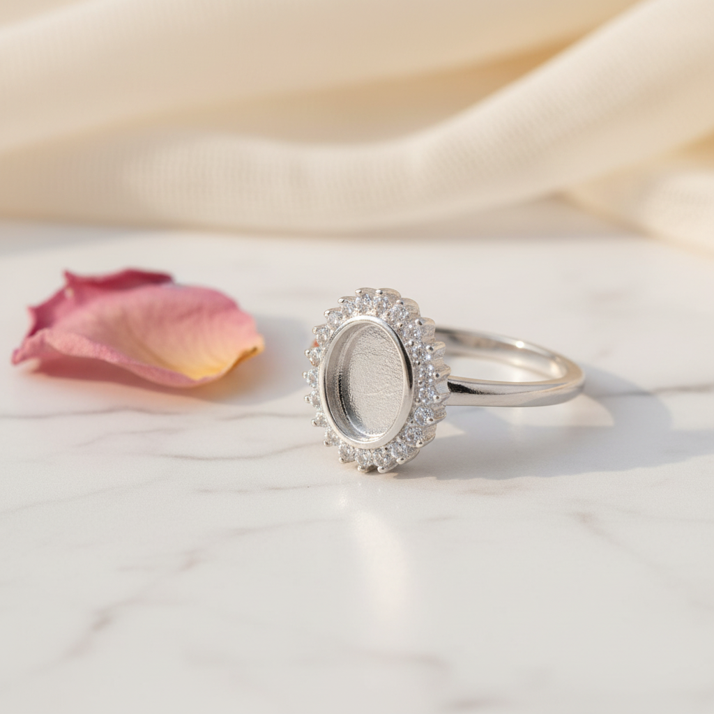 Oval Halo Memorial Ring Sterling Silver